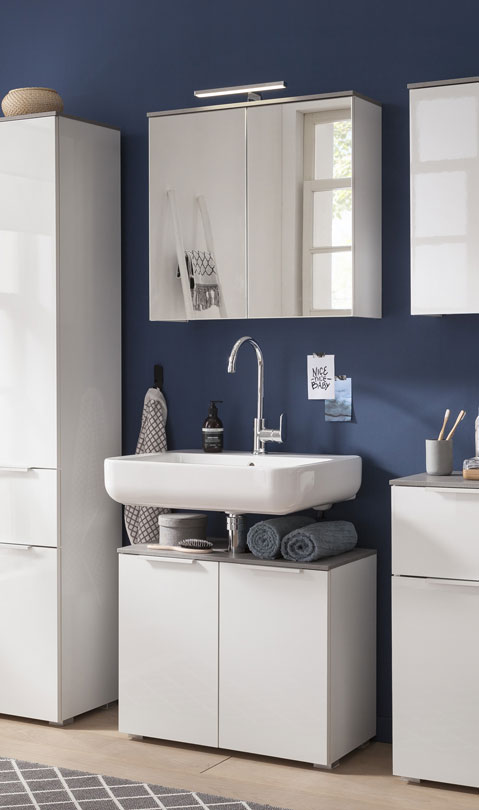 Pensile moderno a specchio, 2 ante, Bianco Laccato e top Grigio Cemento