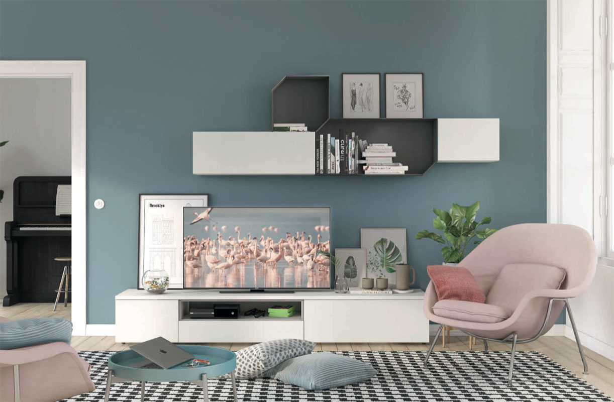 Parete attrezzata con porta tv in finitura Cemento artico e Grigio Titanio