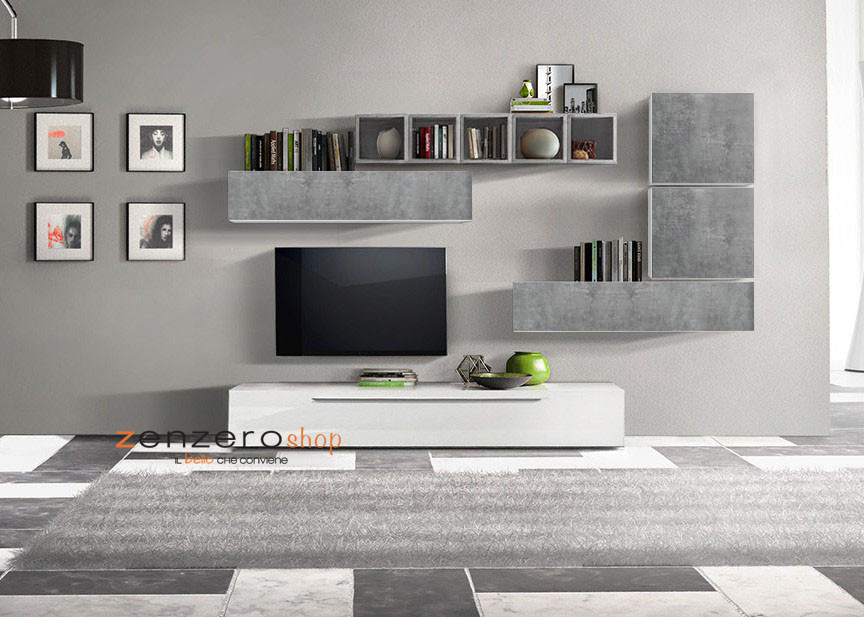 Parete attrezzata bicolore, design moderno Bianco Lucido e Beton