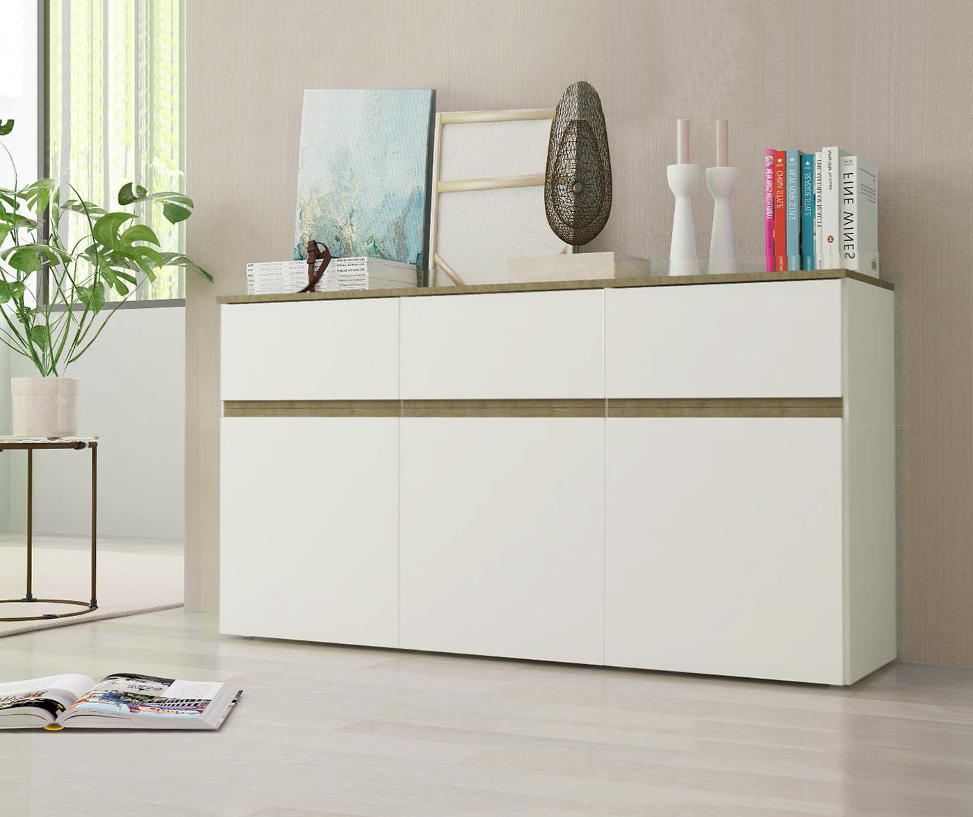 Madia moderna, 3 ante 3 cassetti, finitura Bianco Lucido e Adamello