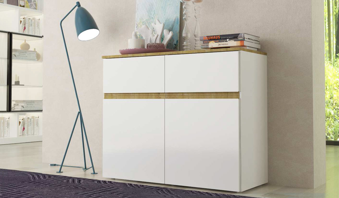 Madia moderna, 2 ante 2 cassetti, finitura Bianco e Adamello