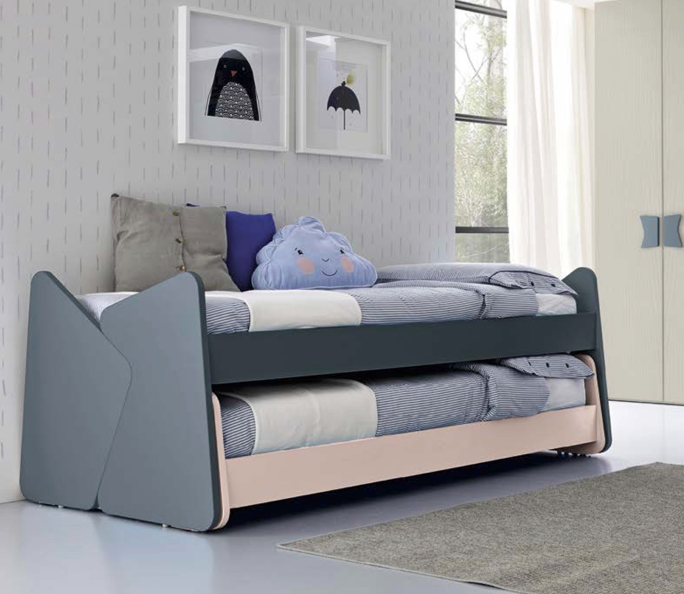 Letto multifunzionale 2 posti, finitura Blu opale e Cipria