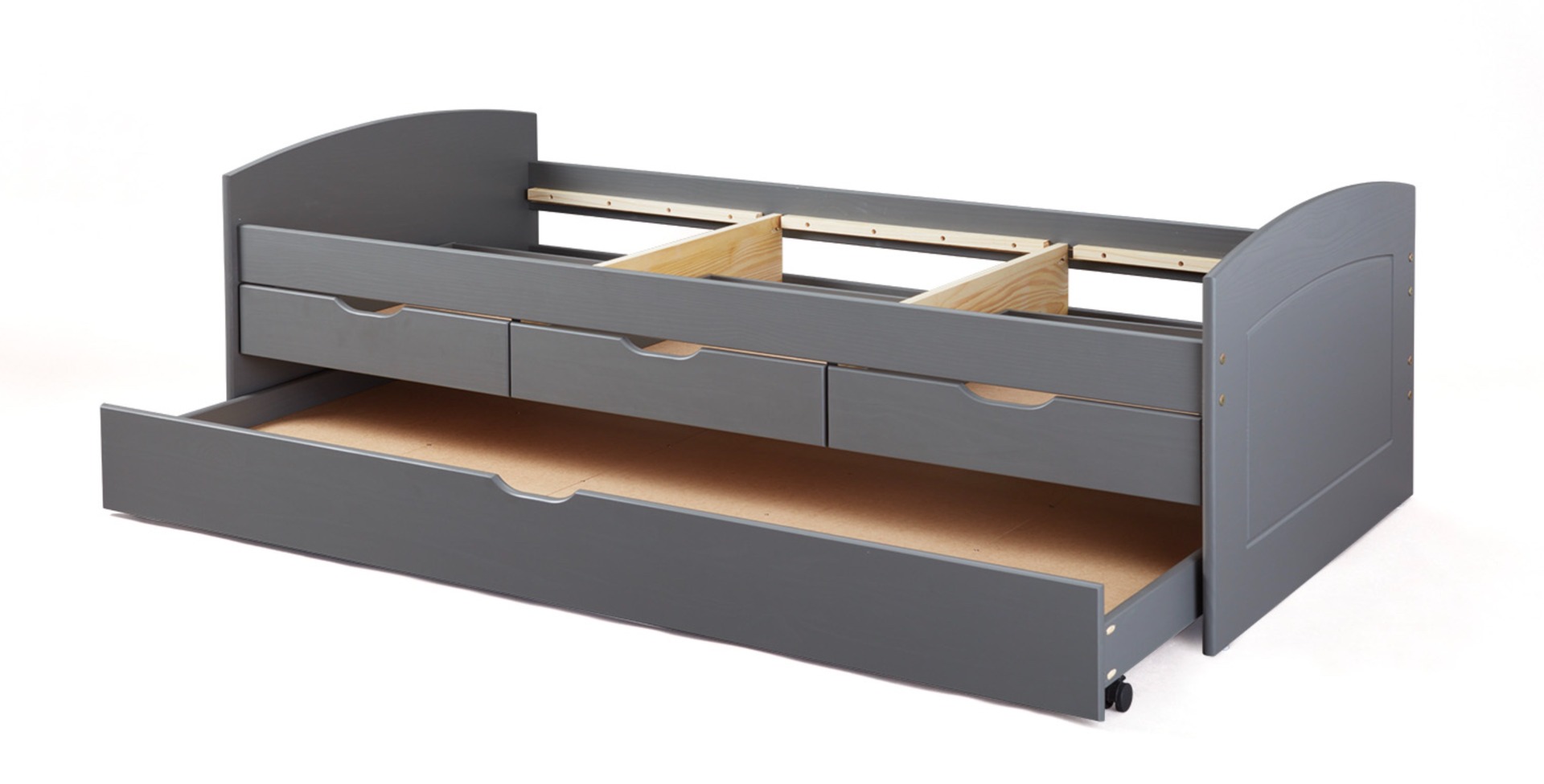 Letto con secondo letto estraibile con ruote e 3 cassetti, colore grigio