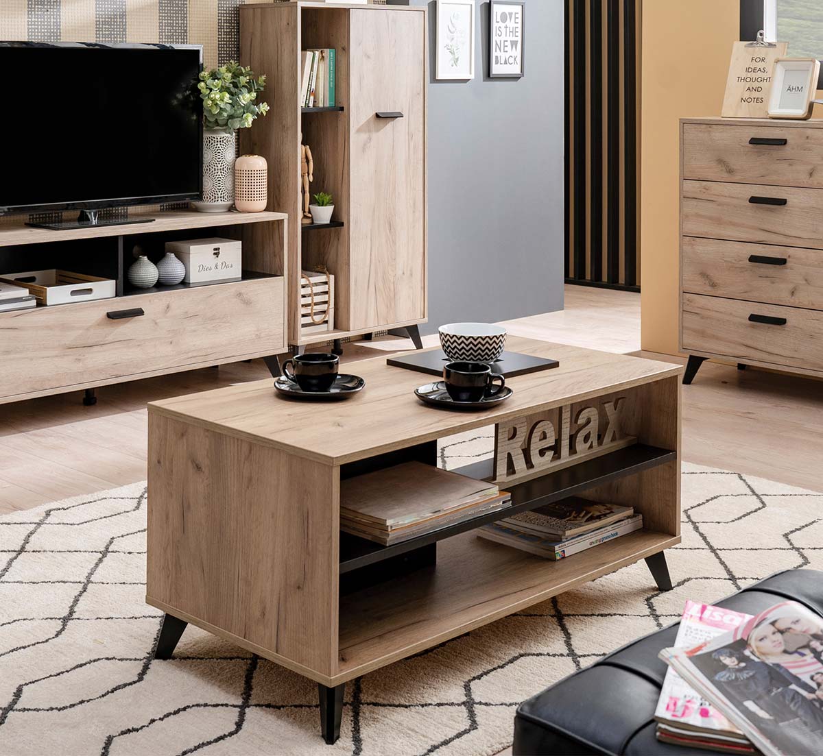 Tavolino soggiorno con piedini, finirura Rovere e Nero