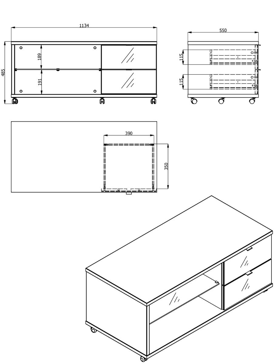Tavolino con ruote a 2 cassetti, finitura Grigio e Rovere