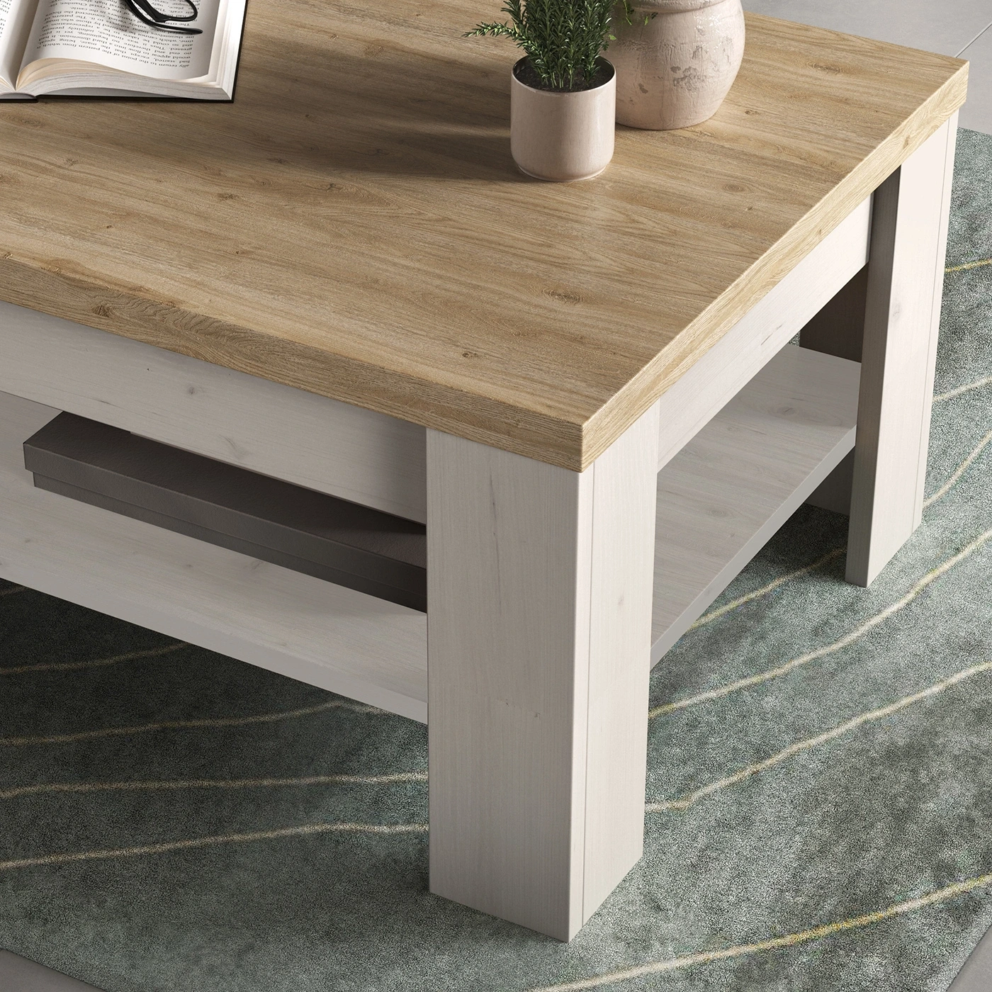 Soggiorno Shabby, porta tv vetrine e tavolino da caffè, Rovere meringa e Cadiz