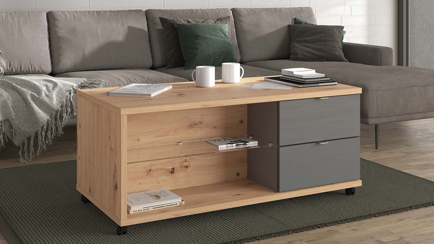 Tavolino con ruote a 2 cassetti, finitura Grigio e Rovere