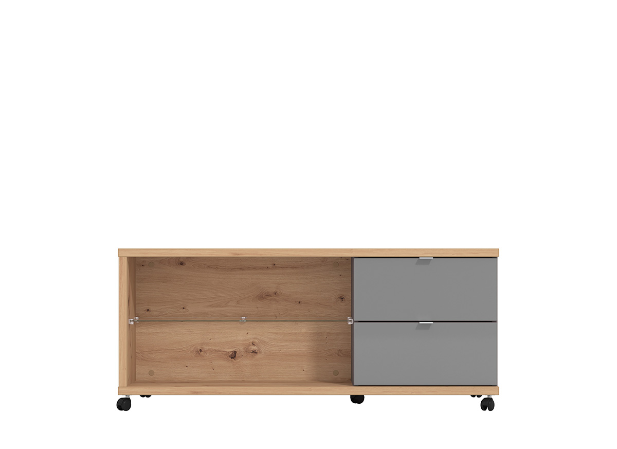 Tavolino con ruote a 2 cassetti, finitura Grigio e Rovere