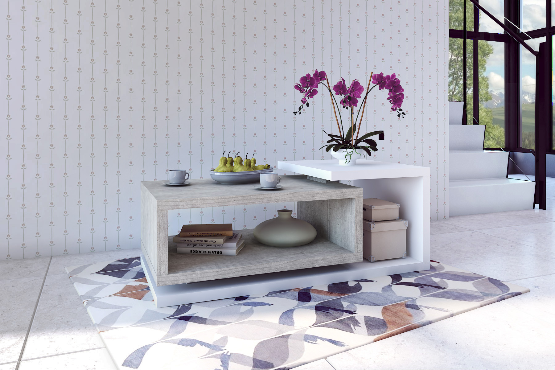 Tavolino basso da salotto, finitura bianco opaco e cemento