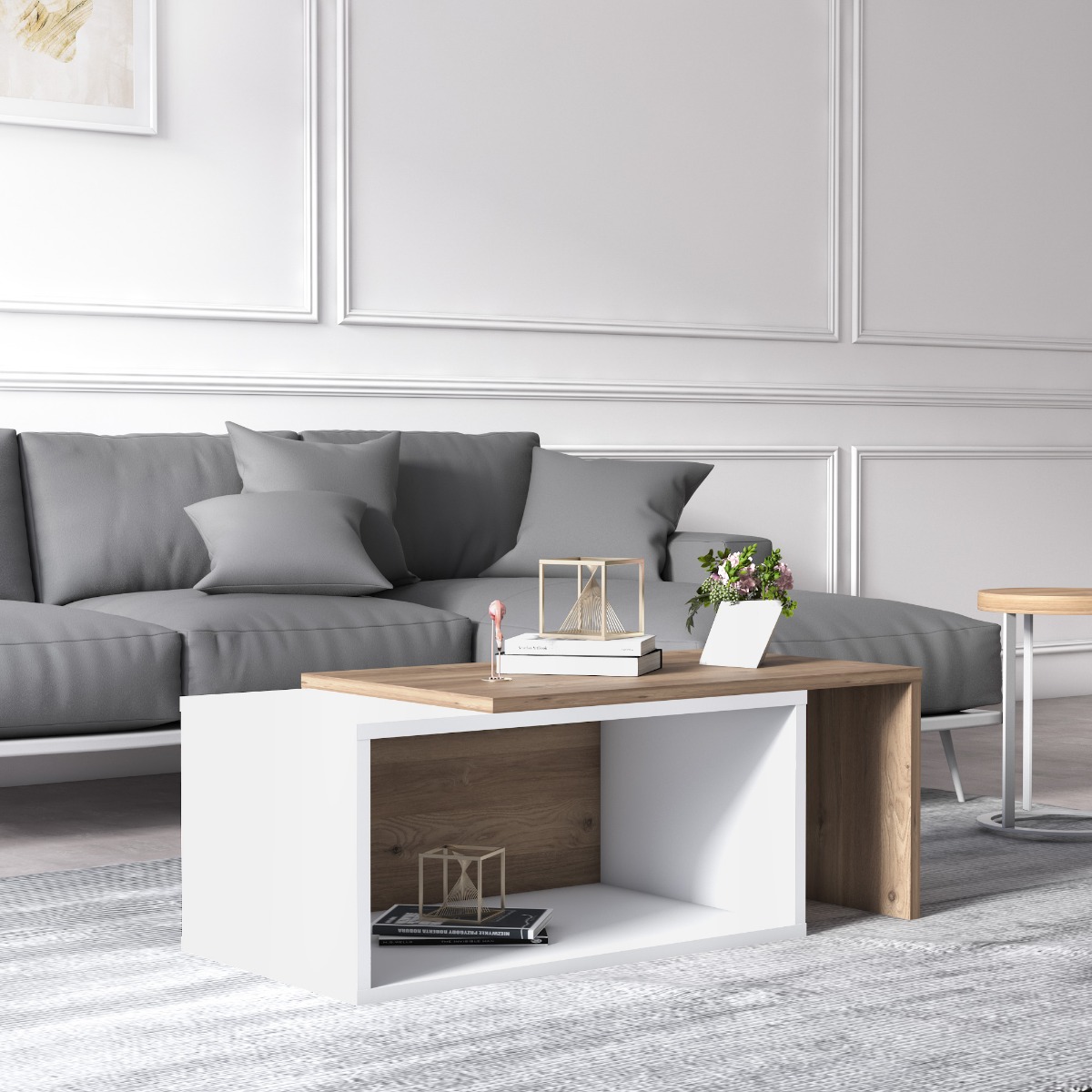 Tavolino Ankara da caffe con piano scorrevole, Bianco e Rovere