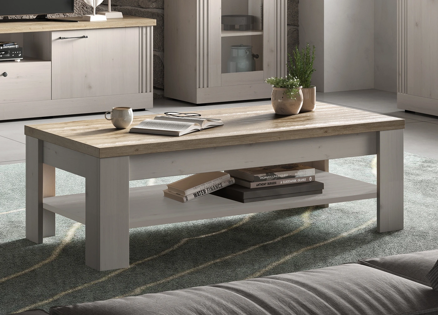 Soggiorno Shabby, porta tv vetrine e tavolino da caffè, Rovere meringa e Cadiz