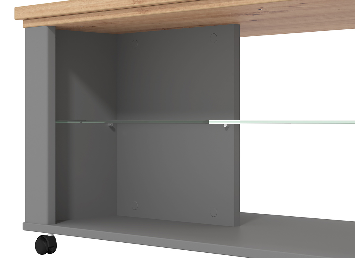 Tavolino con ripiano vetro, finitura Rovere e Grigio