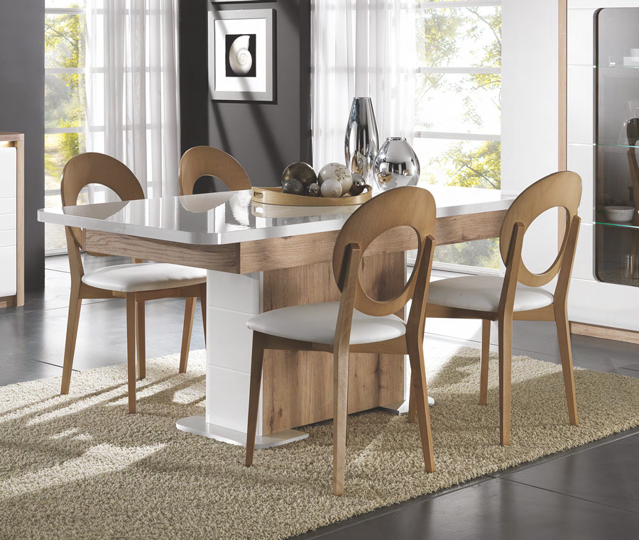 Tavolo moderno allungabile L.180, bianco lucido e rovere wellington