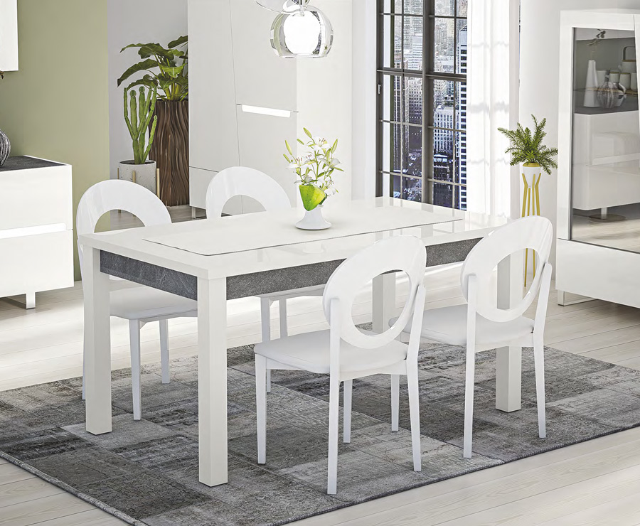 Tavolo fisso L.160, moderno, bianco lucido e grigio