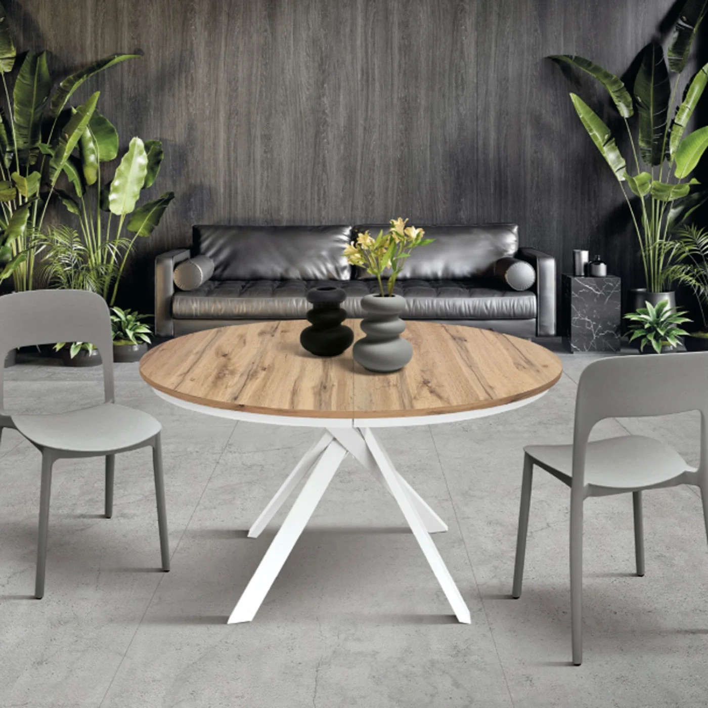 Tavolo rotondo colore rovere allungabile, moderno e di design 