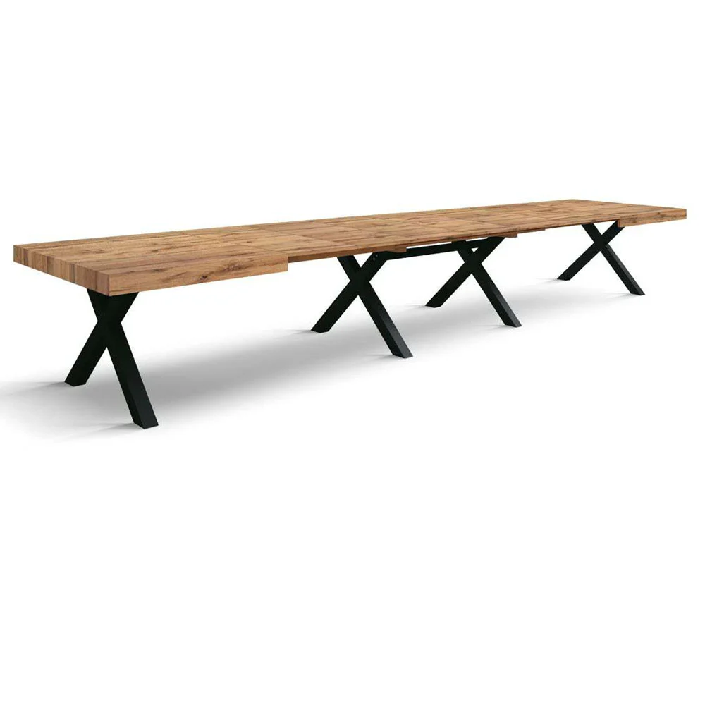 Tavolo con 6 allunghe,  colore nero e piano in nobilitato finitura Rovere rustico 