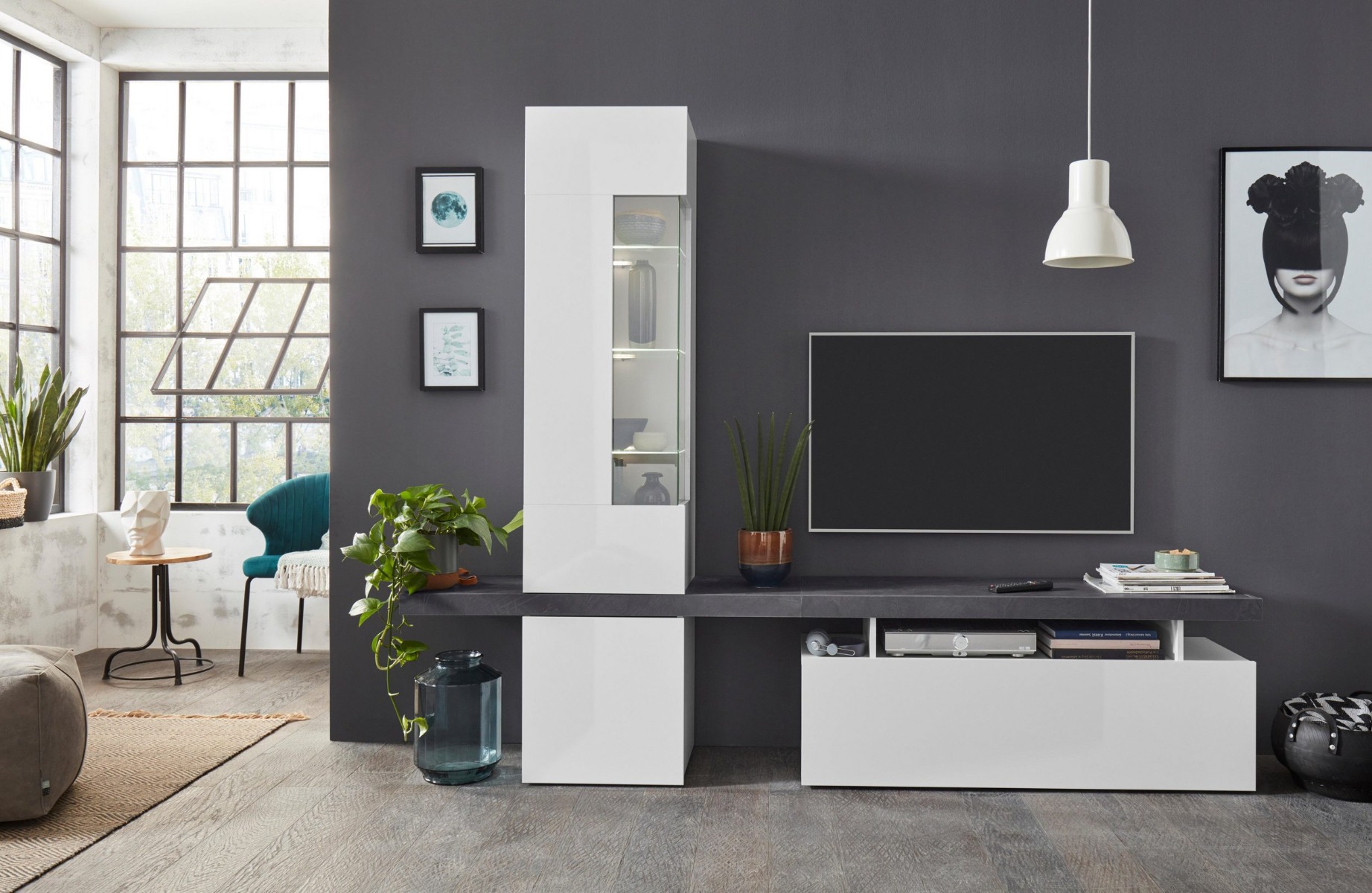 Parete attrezzata con vetrina, Bianco Lucido e Ardesia