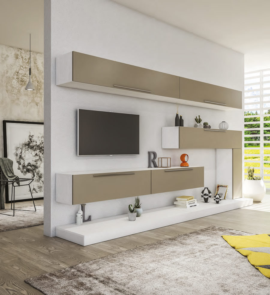 Parete attrezzata finitura Bianco Frassino, elementi sospesi e in appoggio con frontali in finitura Visone Zenzero Shop