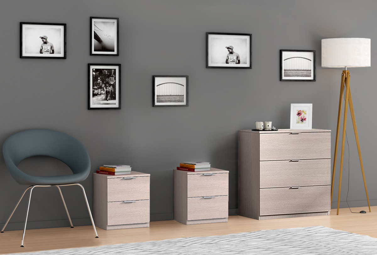 Set Composto da Comò e 2 Comodini, finitura rovere chiaro