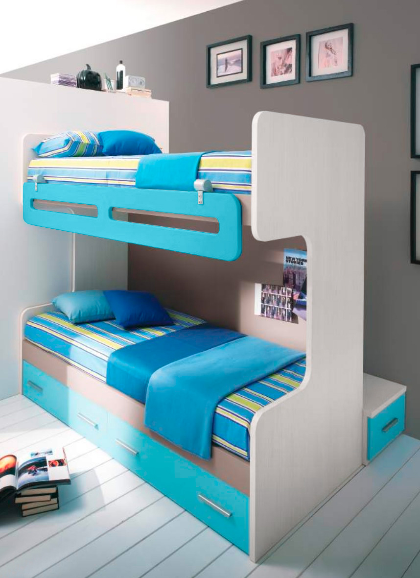 Letto a castello con passerella Riccardo laccato, in finitura Turchese e Tortora 