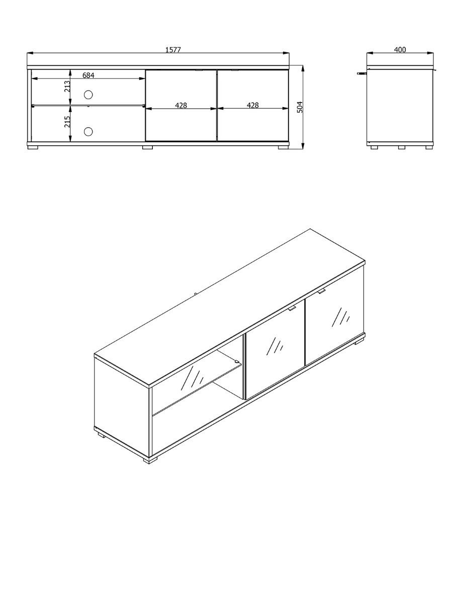 Mobile tv 2 ante e ripiano vetro, finitura Grigio grafite e Rovere