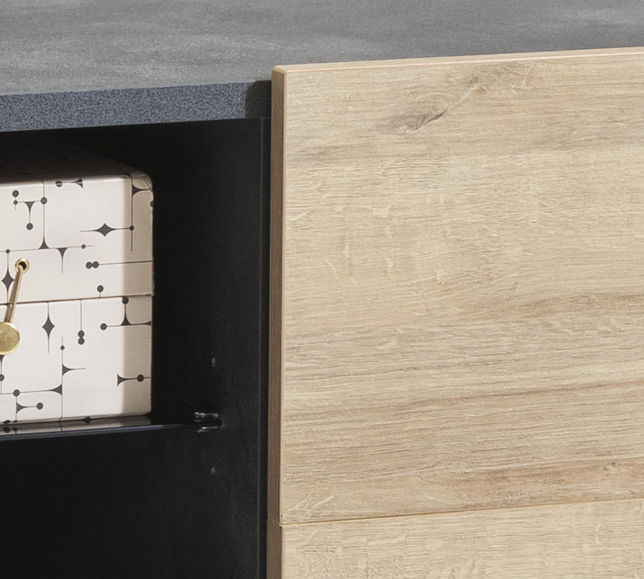 Porta Tv industry con una ribalta, un'anta e un ripiano in finitura Antracite e Rovere