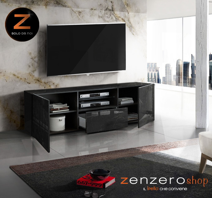 Moderno Porta TV moderno, 2 ante 1 cassetto, finitura Marmo Lucido Nero
