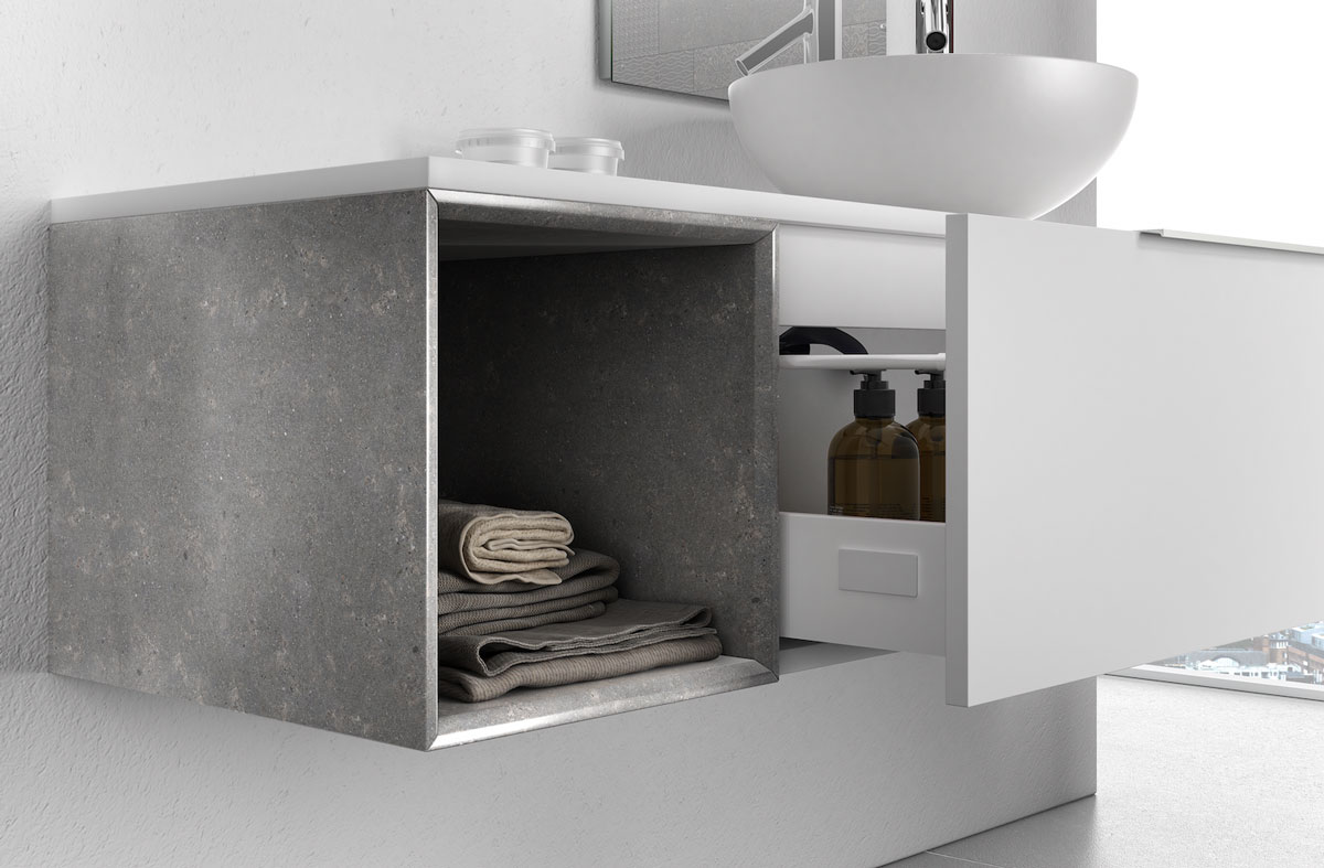 Bagno di design sospeso Bianco, Grigio con specchio inclinabile