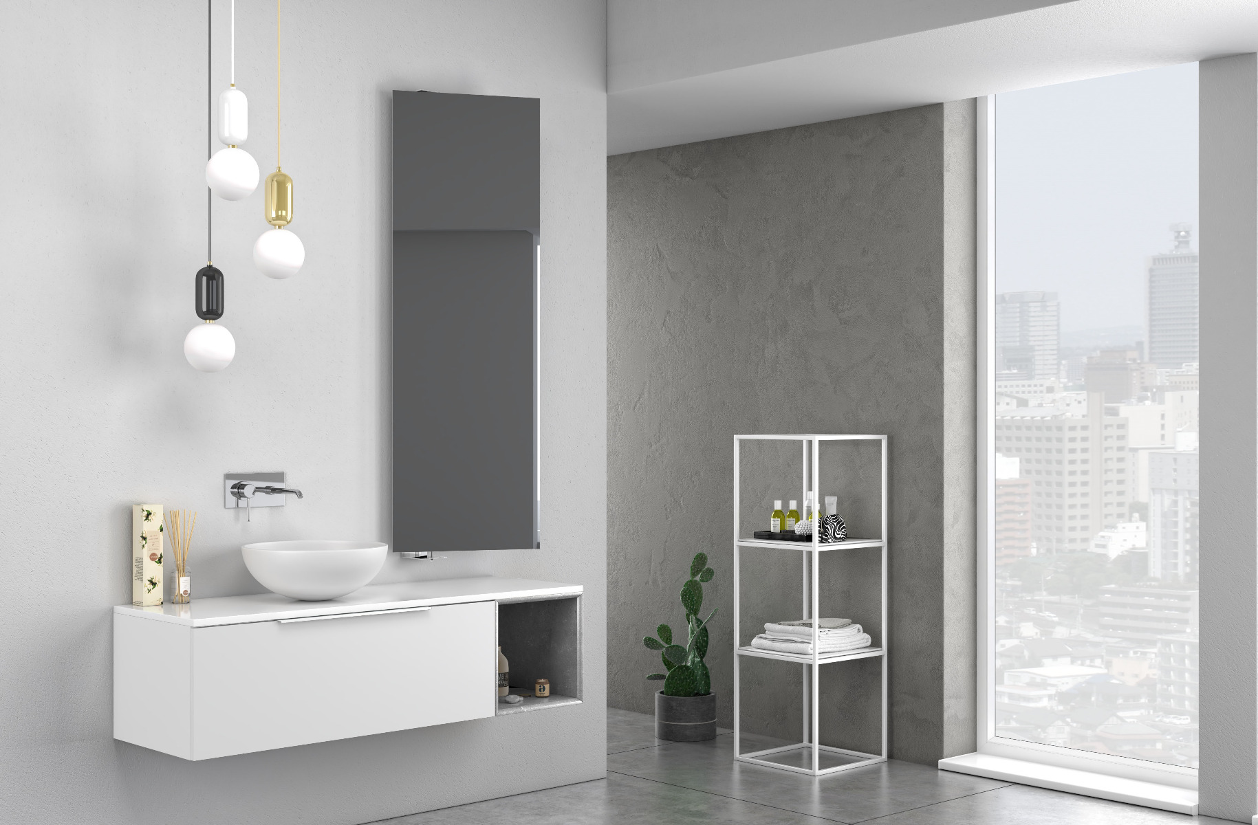 Bagno di design sospeso Bianco, Grigio con specchio inclinabile
