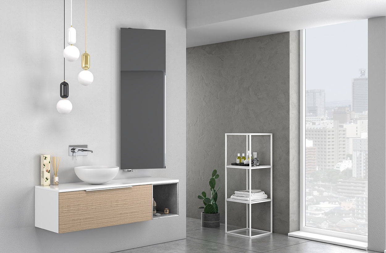Bagno di design sospeso Bianco, Rovere, Grigio con specchio inclinabile
