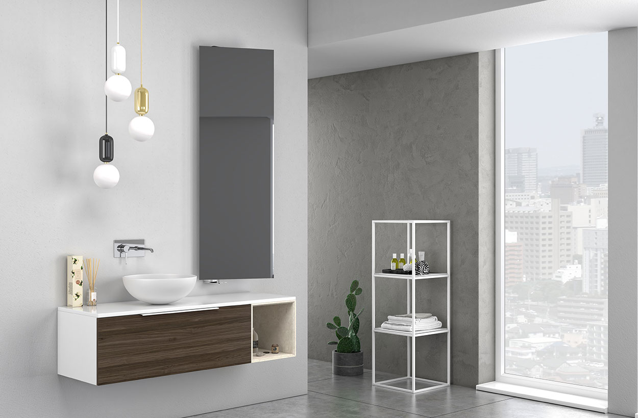 Bagno di design sospeso Bianco, Noce e Beige con specchio inclinabile