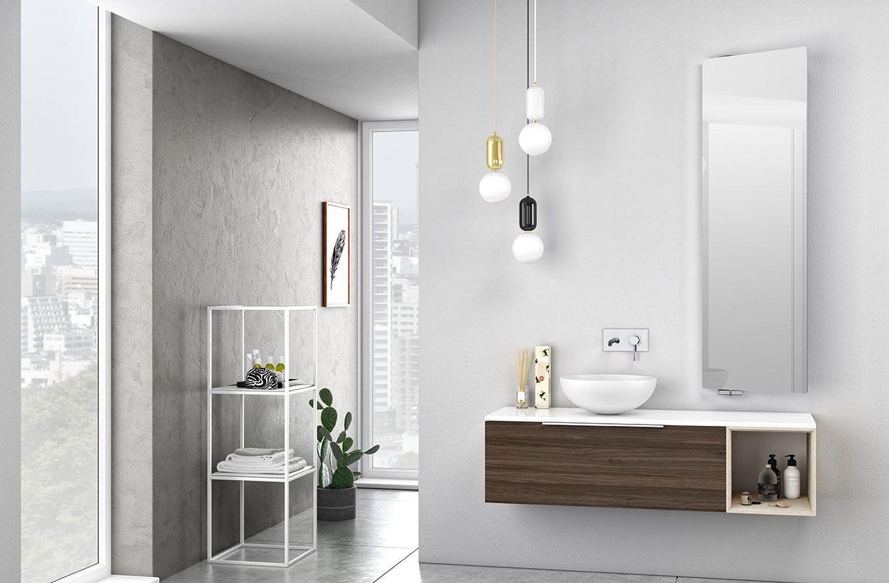 Bagno di design sospeso Bianco, Noce e Beige con specchio inclinabile