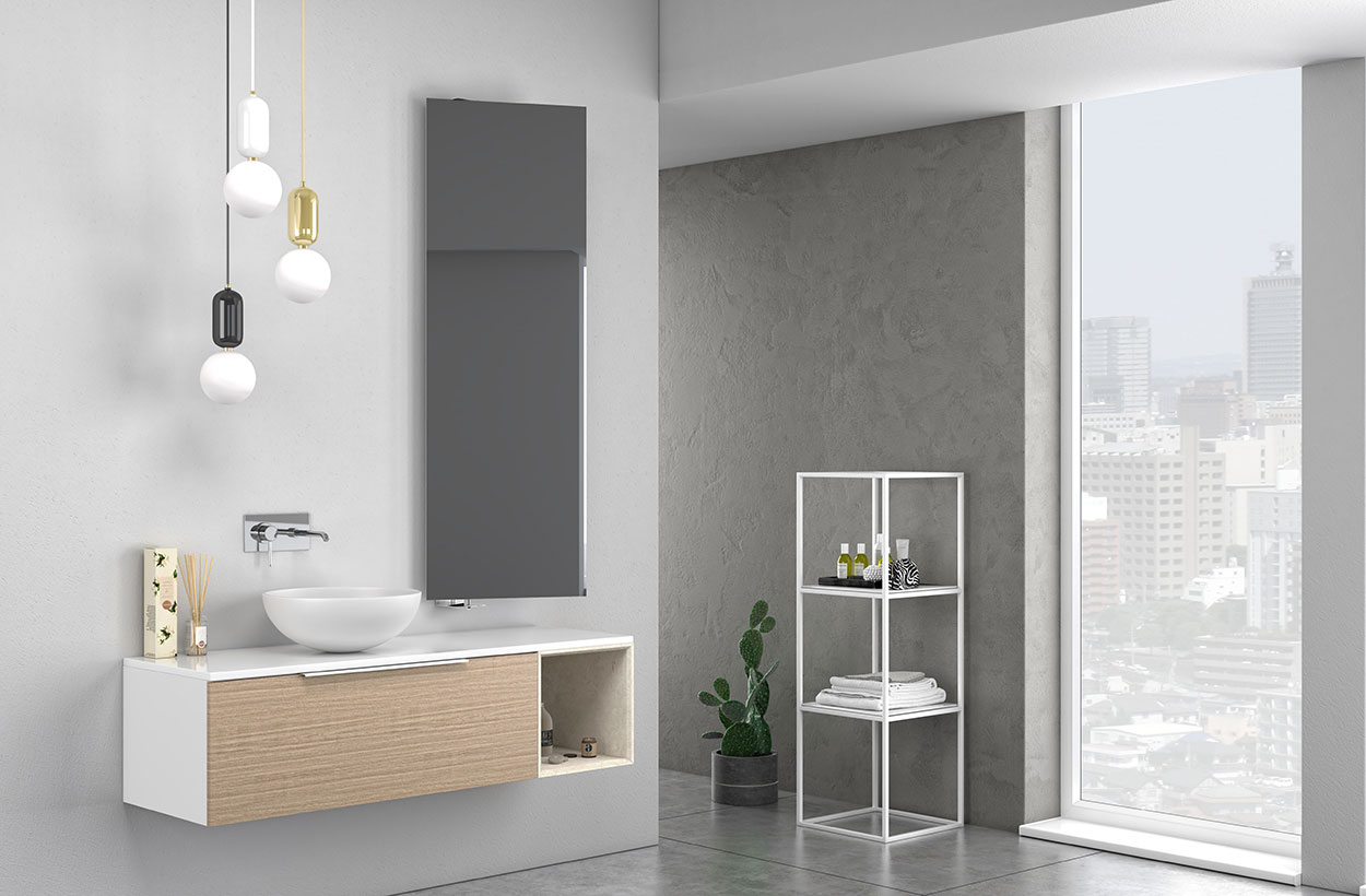Bagno di design sospeso Bianco, Rovere, Beige con specchio inclinabile