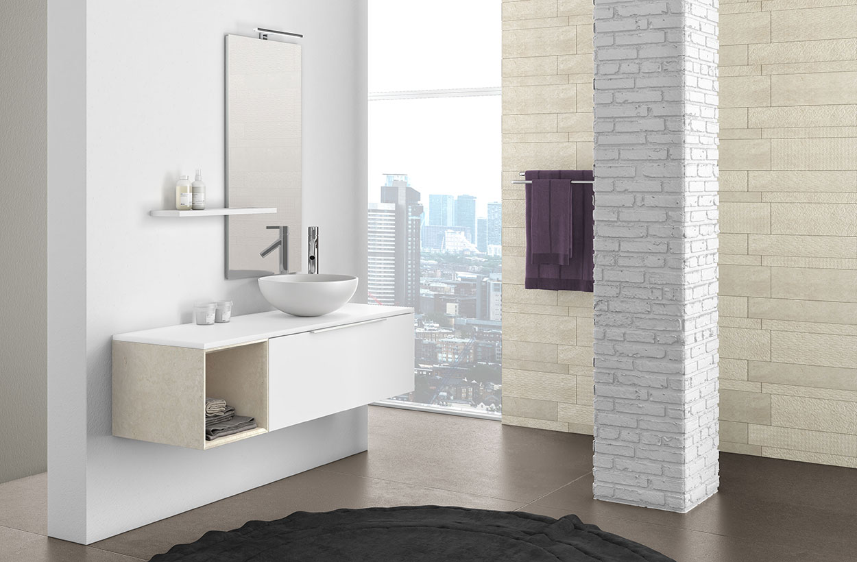 Composizione bagno sospesa Bianco con cubotto in pietra naturale Beige