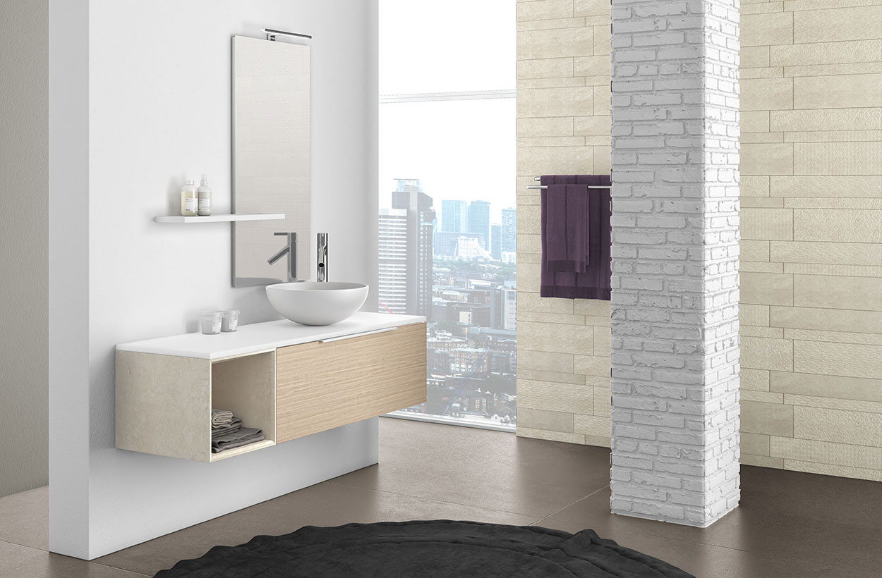 Composizione bagno sospesa Rovere, Bianco con cubotto in pietra naturale Beige
