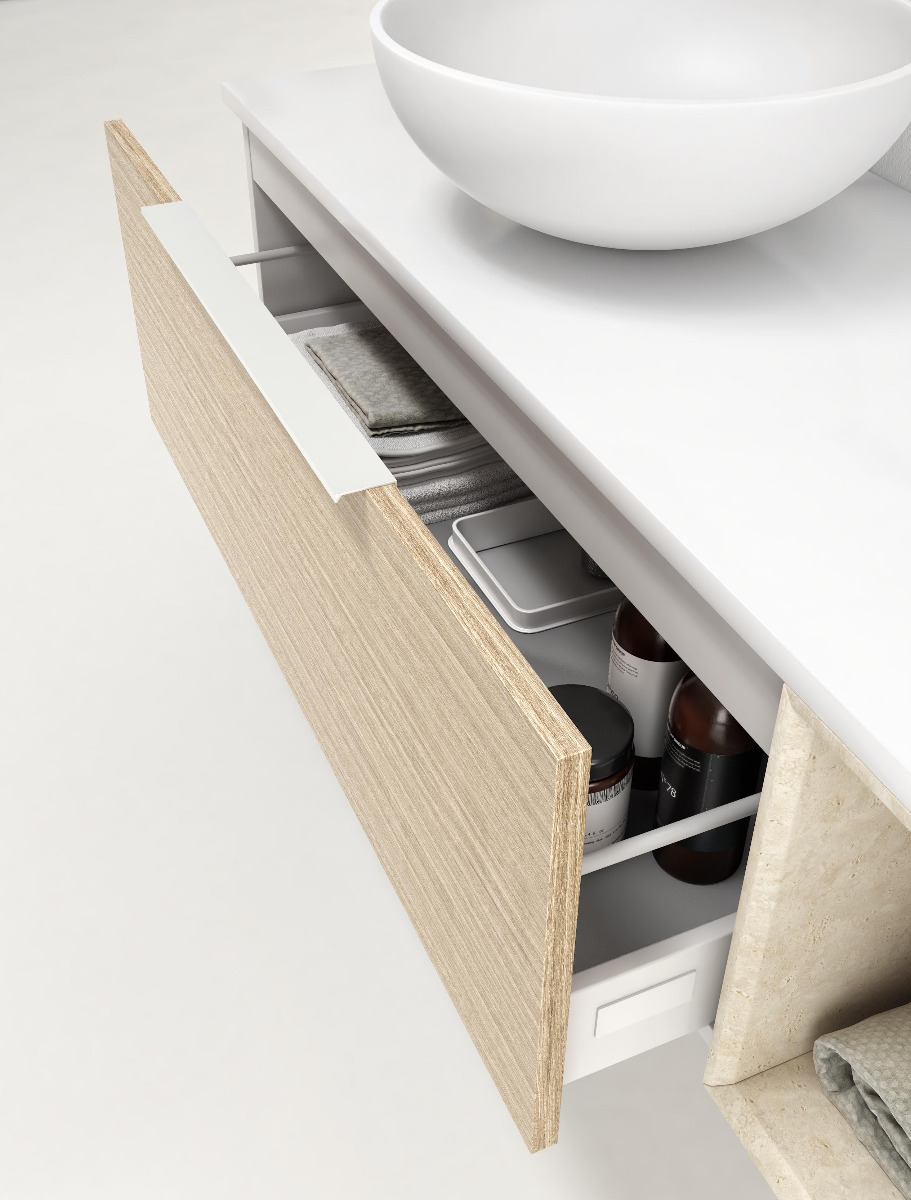 Composizione bagno sospesa Rovere, Bianco con cubotto in pietra naturale Beige