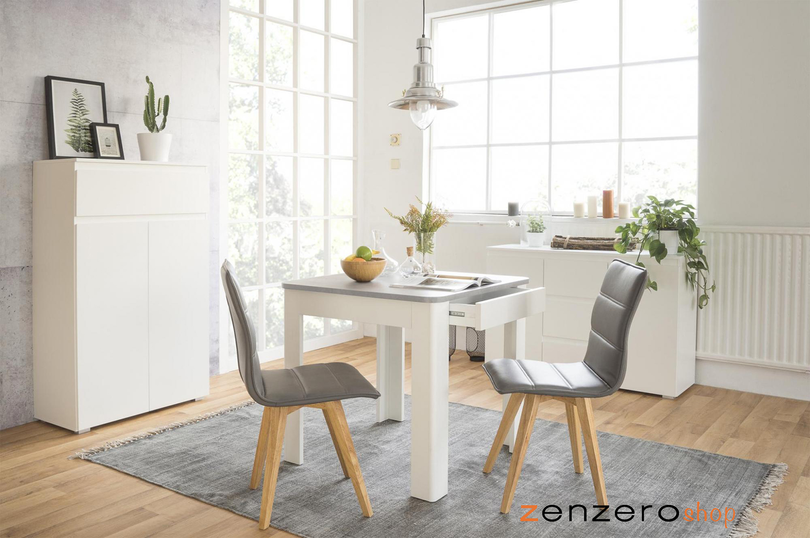 Tavolo moderno quadrato con cassetto, finitura Bianco con piano Cemento