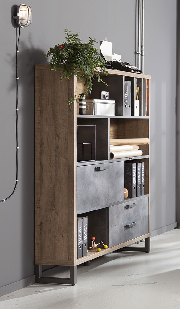 Libreria Industry per ufficio in finitura Rovere e Grigio smoke