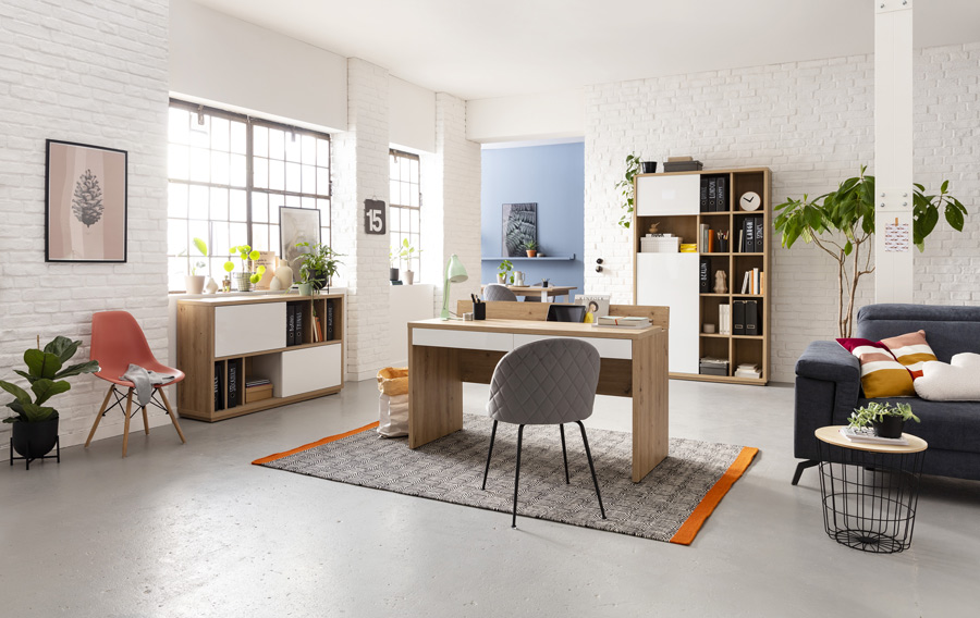 Scrivania moderna da ufficio finitura Rovere e Bianco laccato, Made in Italy