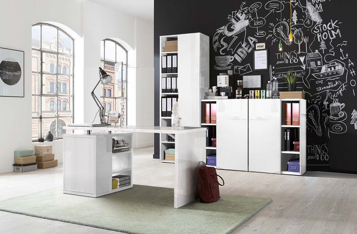 Ufficio Point completo con 3 librerie e una scrivania in finitura Bianco Lucido