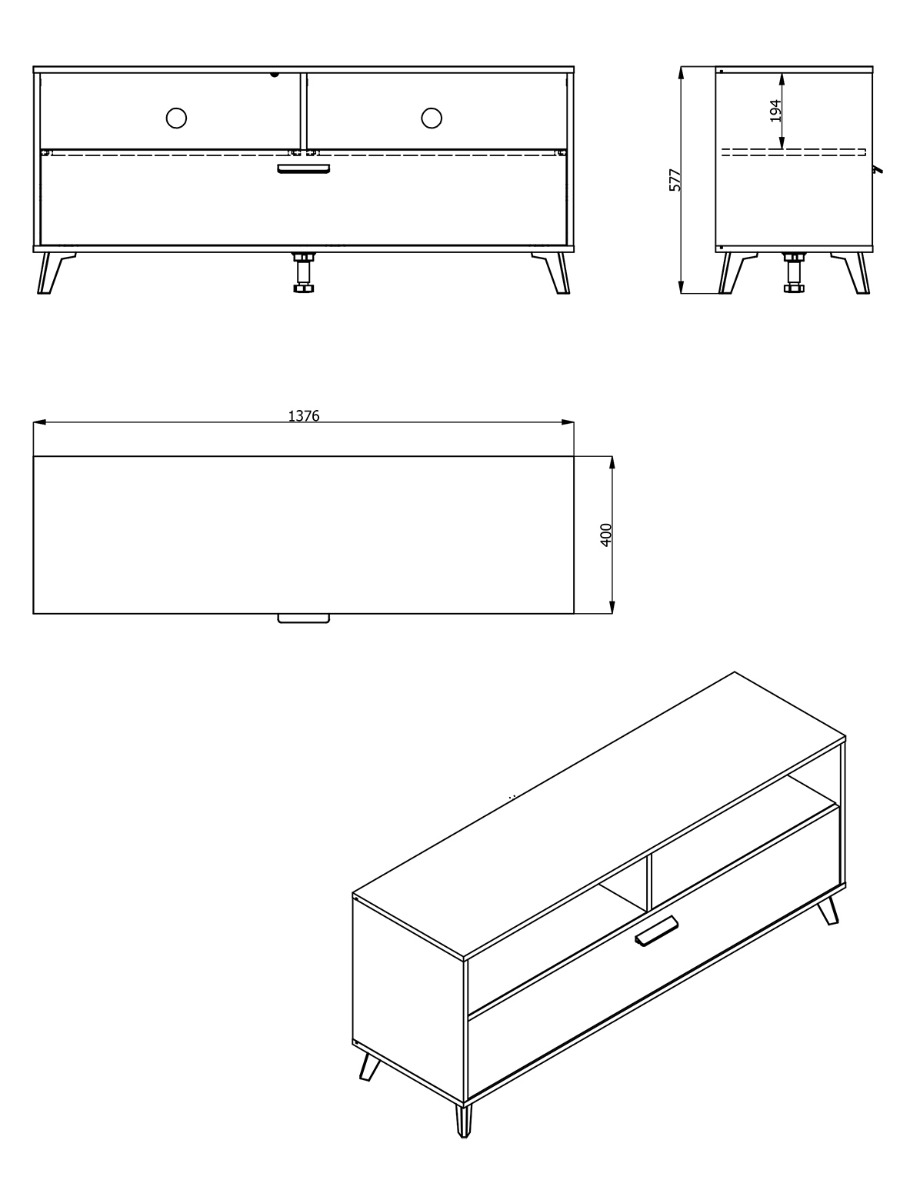 Mobile tv 140 cm con ribalta e due vani a giorno, finitura Rovere e Nero opaco