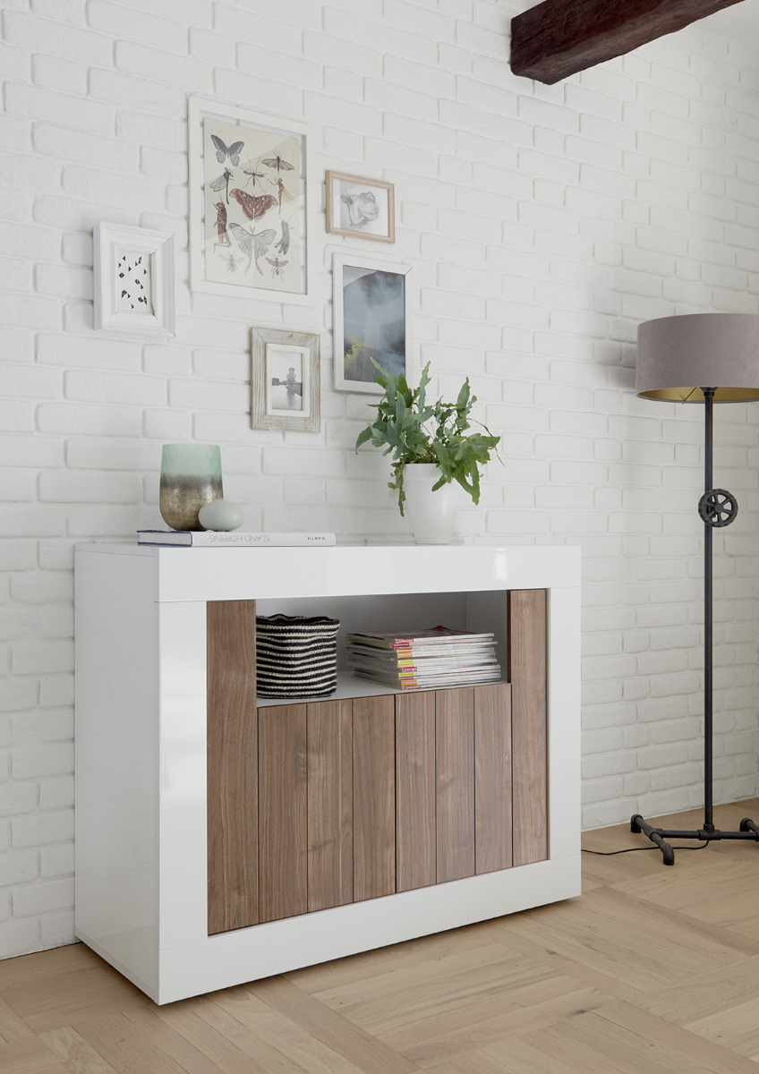 Madia moderna con 2 ante in finitura Noce Dark e Bianco Lucido