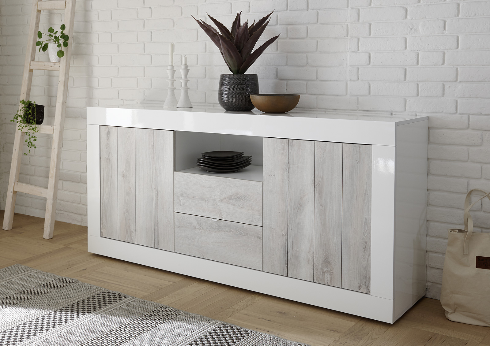 ACQUISTA ANCHE TU Madia moderna, 2 ante 2 cassetti in finitura Pino Bianco e Bianco Lucido