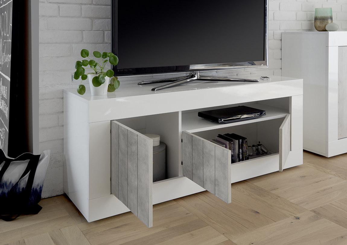 Porta TV a 3 ante, moderno e di design, finitura Bianco Lucido e cemento