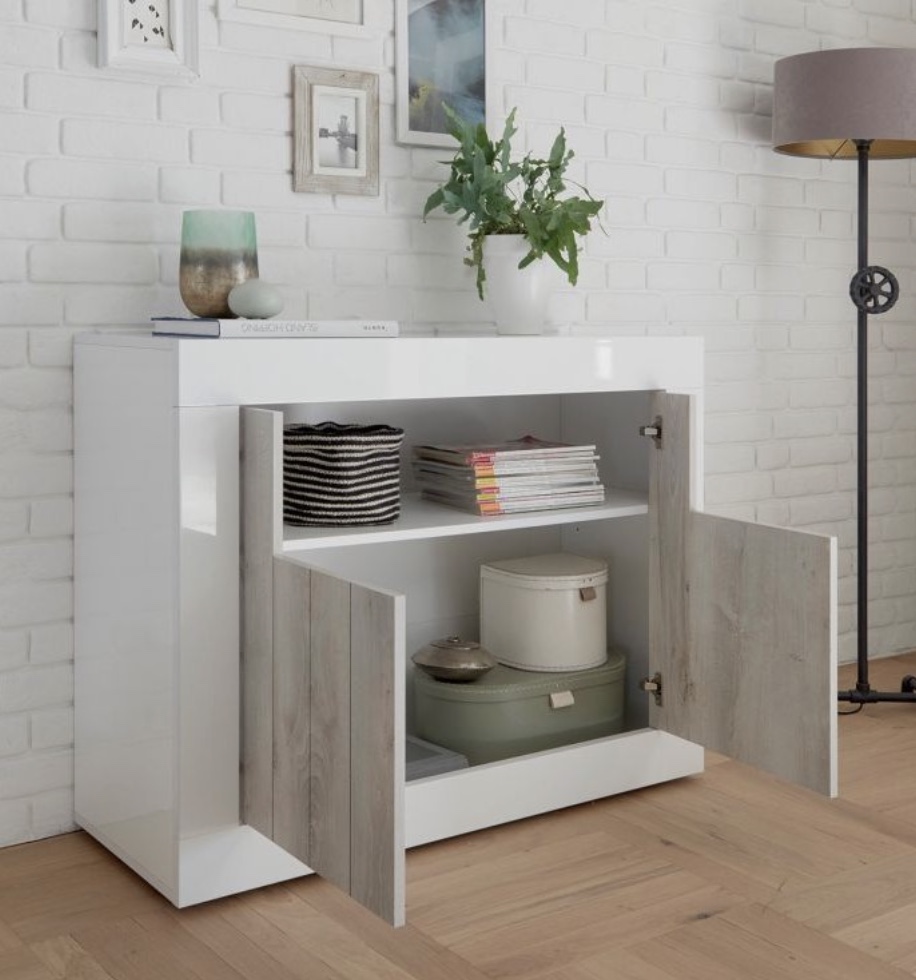 Madia moderna con 2 ante in finitura Pino Bianco e Bianco Lucido