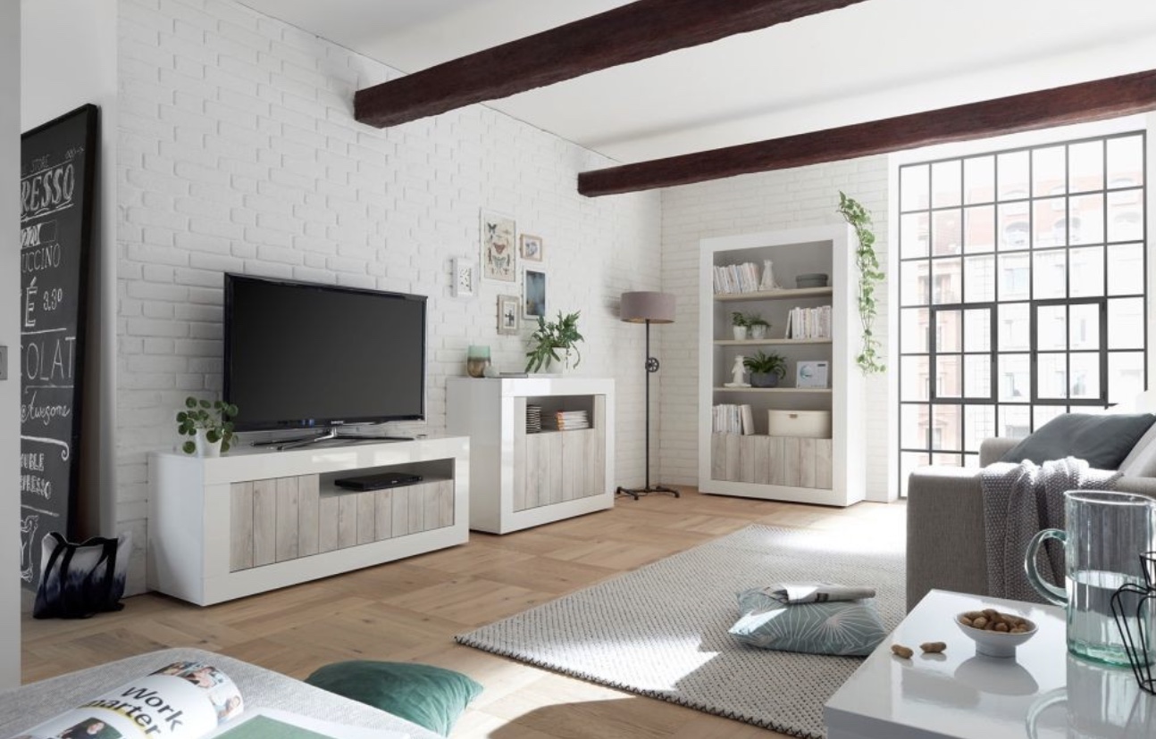 Madia moderna con 2 ante in finitura Pino Bianco e Bianco Lucido