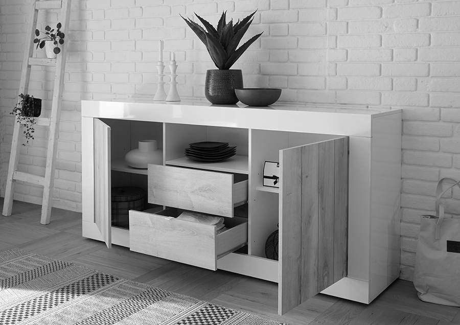 Madia moderna, 2 ante 2 cassetti in finitura cemento e ossido