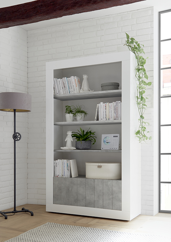 Libreria moderna con 3 ripiani e 2 ante, finitura Bianca Lucida e Cemento