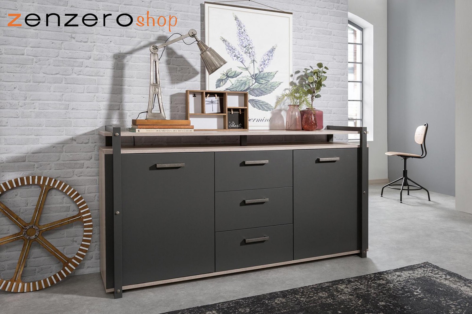 Madia industrial, 2 ante e 3 cassetti, finitura Antracite e Quercia