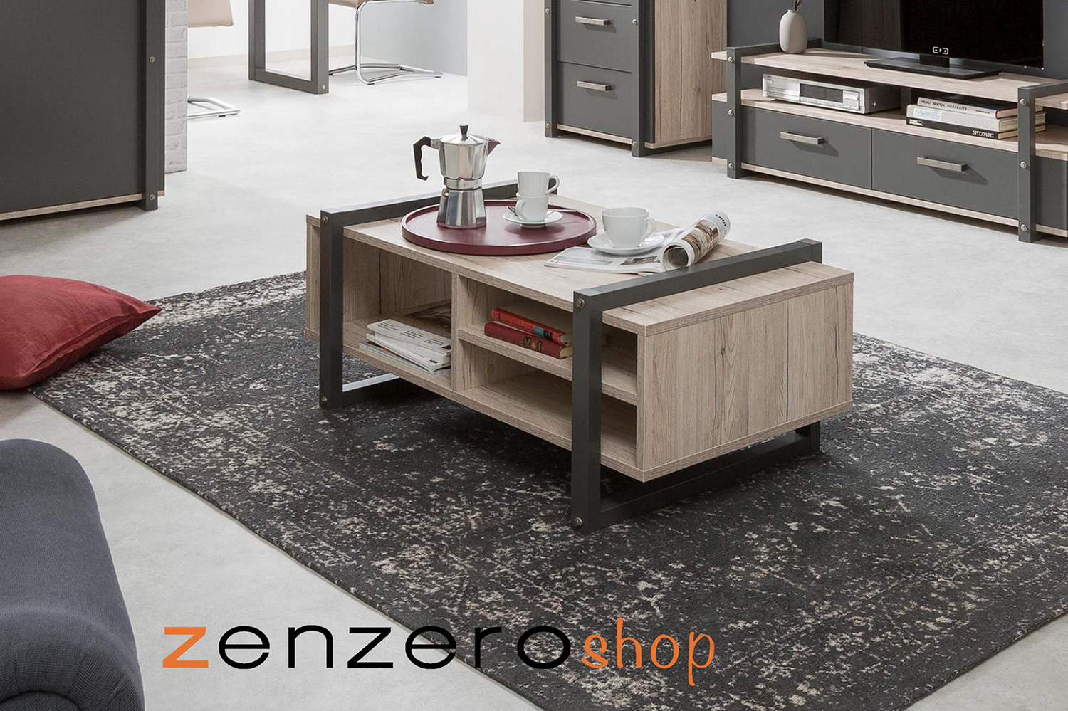 Tavolino industrial con 3 vani piccoli a giorno, finitura Quercia 